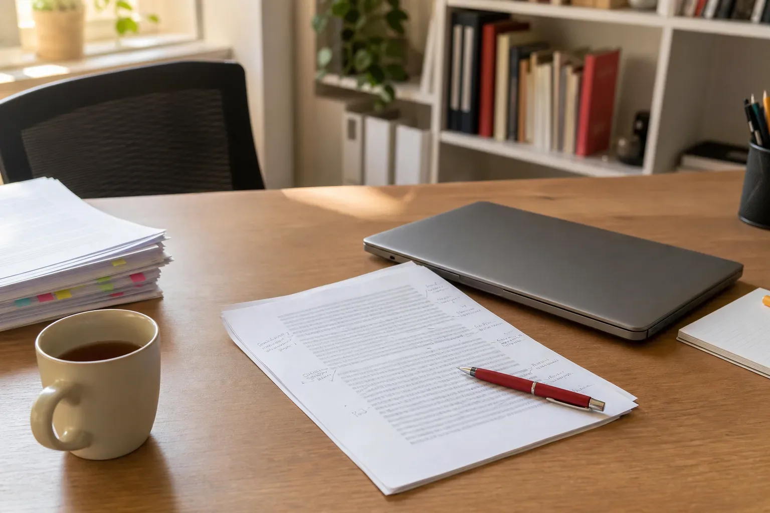 A printed draft article with pencil edits on an office desk beside a laptop, a red pen and tabbed reference papers.