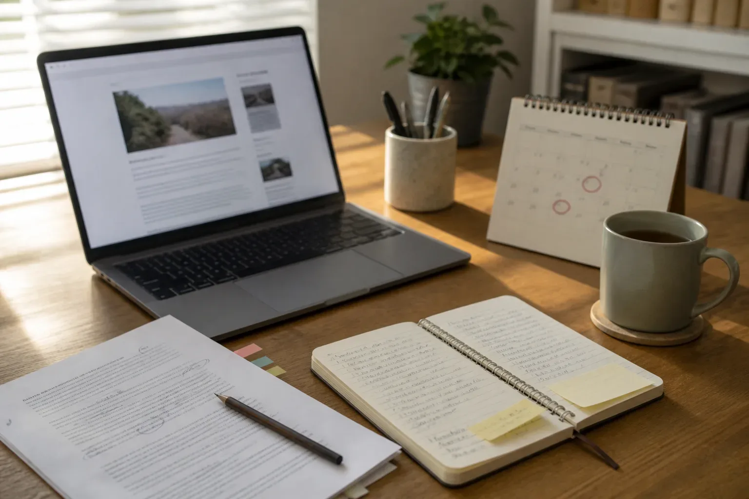 Office desk with a laptop, a printed draft marked up in pencil, a desk calendar and a notebook in morning light