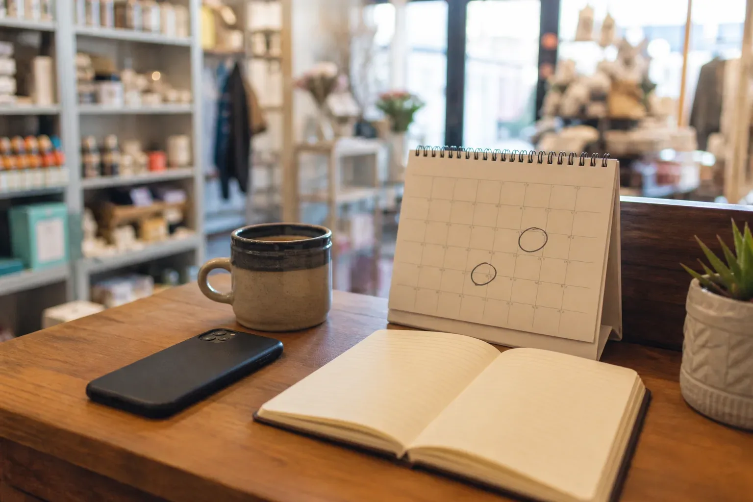 A shop counter with a phone face down, a desk calendar with two days circled, a coffee cup and a notebook