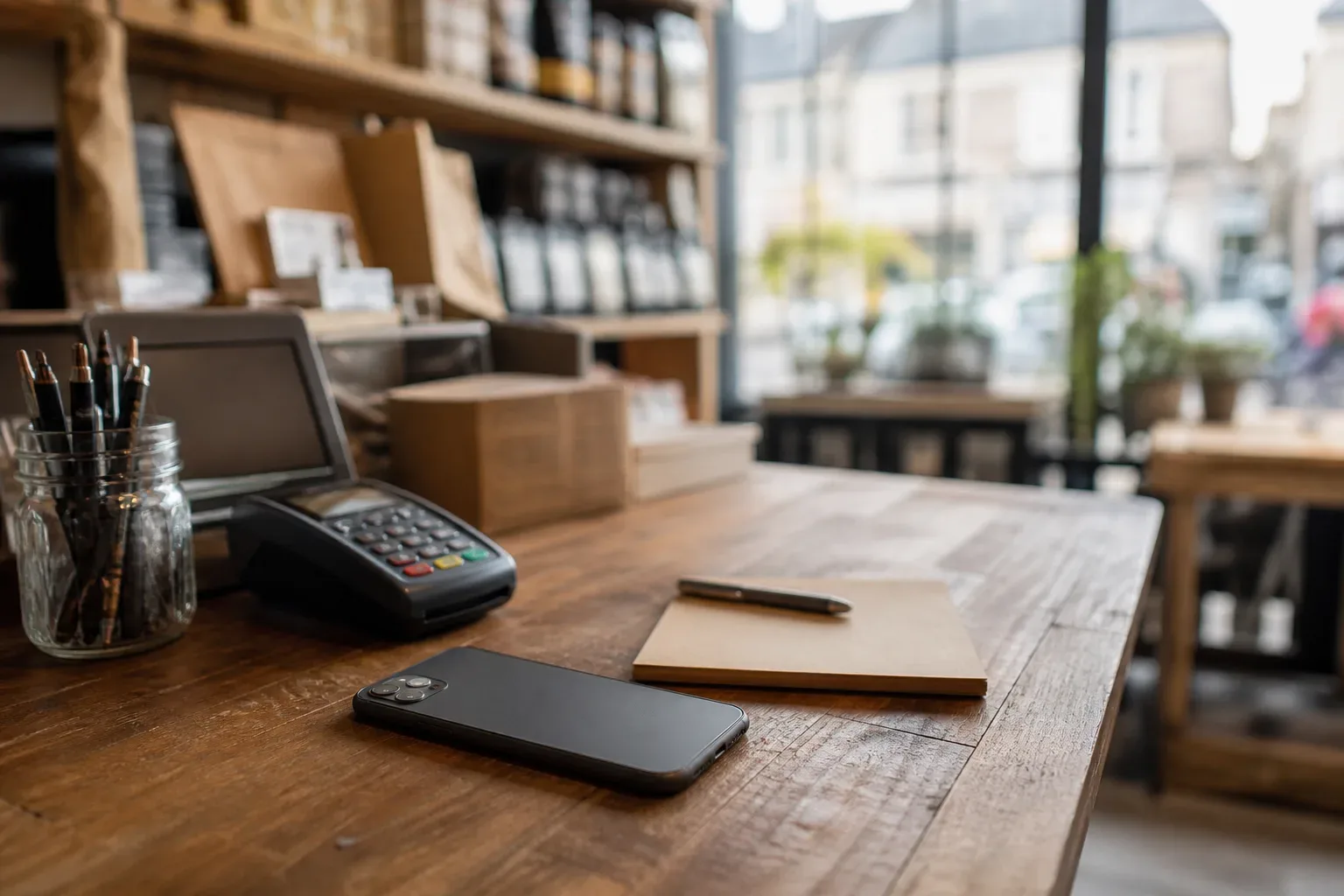 A small shop counter with a phone face down beside an order pad, pen and card reader in morning light
