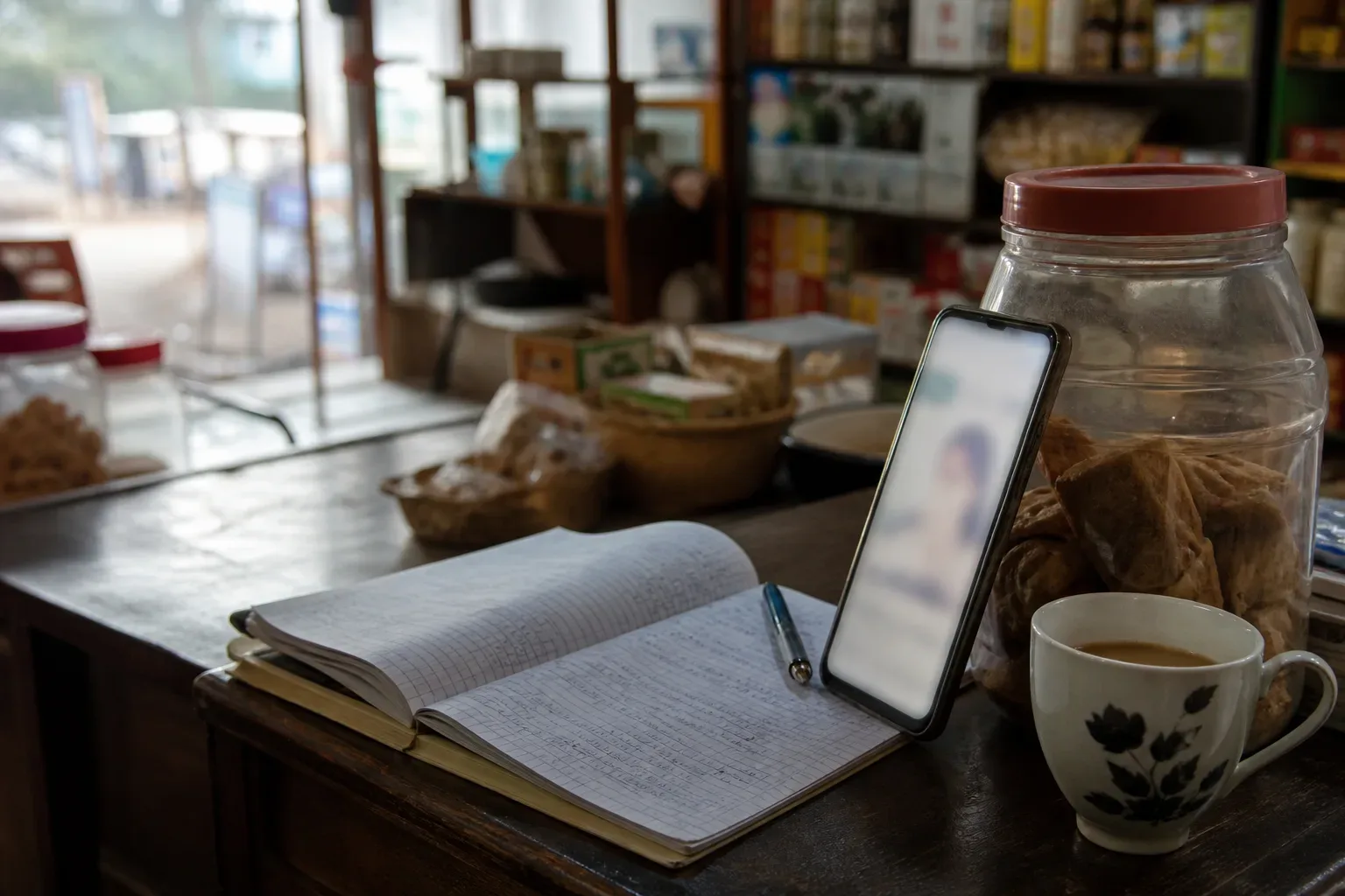 A smartphone propped on a shop counter beside a notebook and a cup of tea in morning light