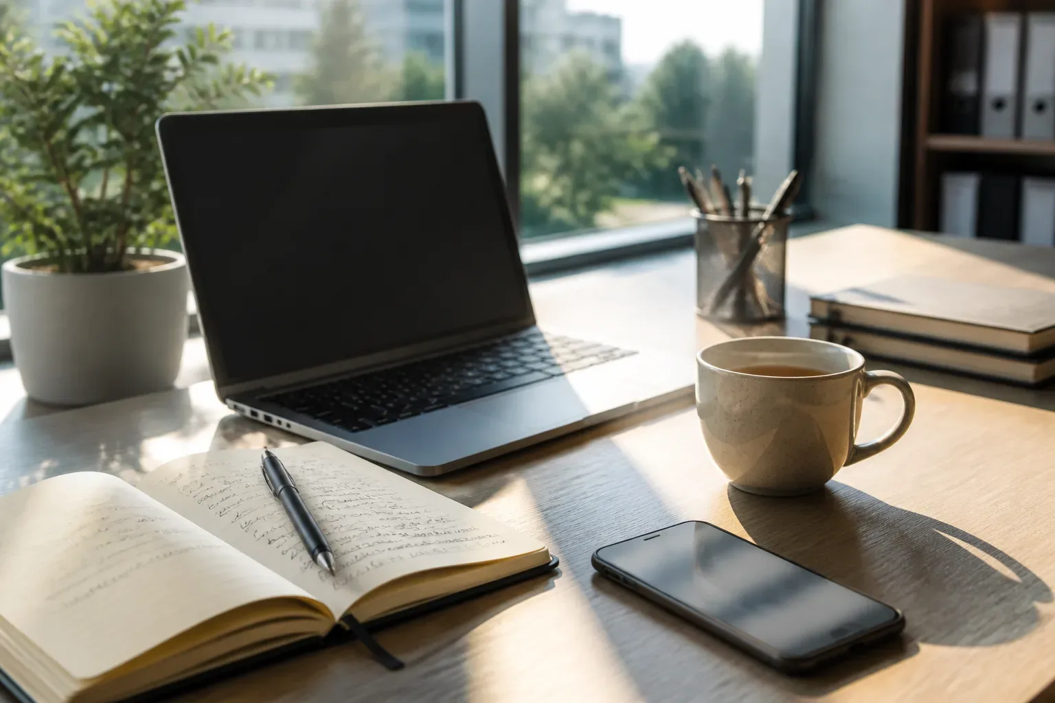 A tidy office desk with an open laptop, a notebook of handwritten drafts, a mug of tea and a phone