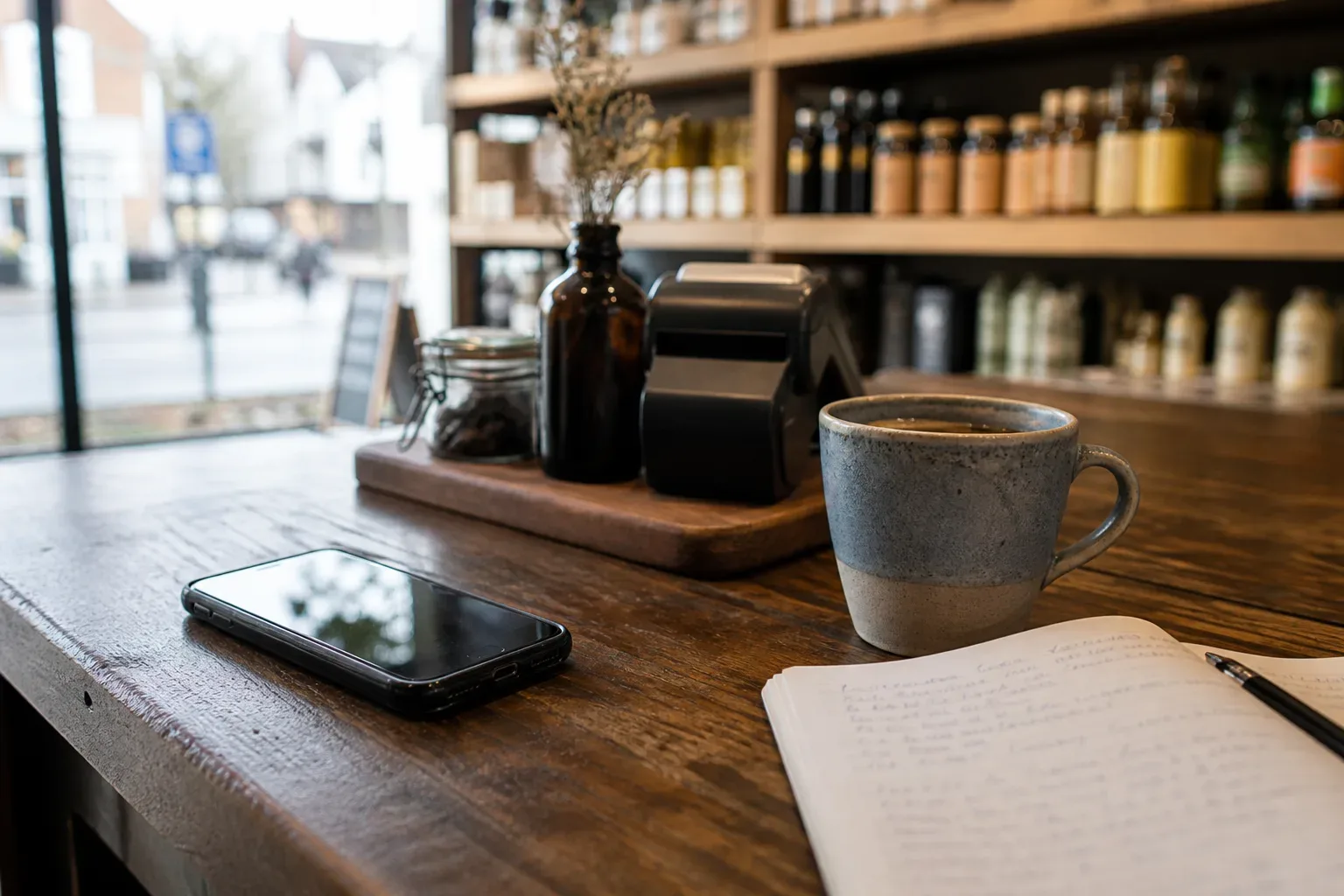 A smartphone, coffee cup and open notebook on a shop counter in soft morning light