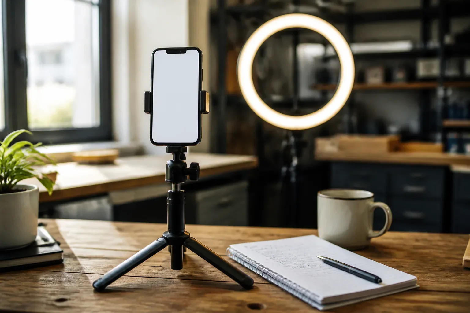 A smartphone on a small tripod, set up vertically on a workbench beside a ring light and notepad, ready to film.