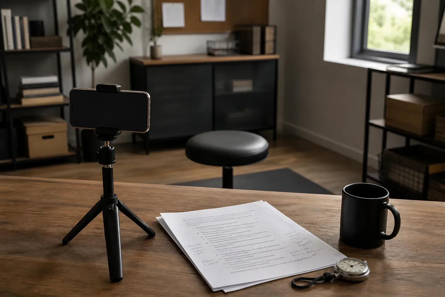 A phone on a tripod facing an empty stool, with a marked-up printed script and a stopwatch on a desk