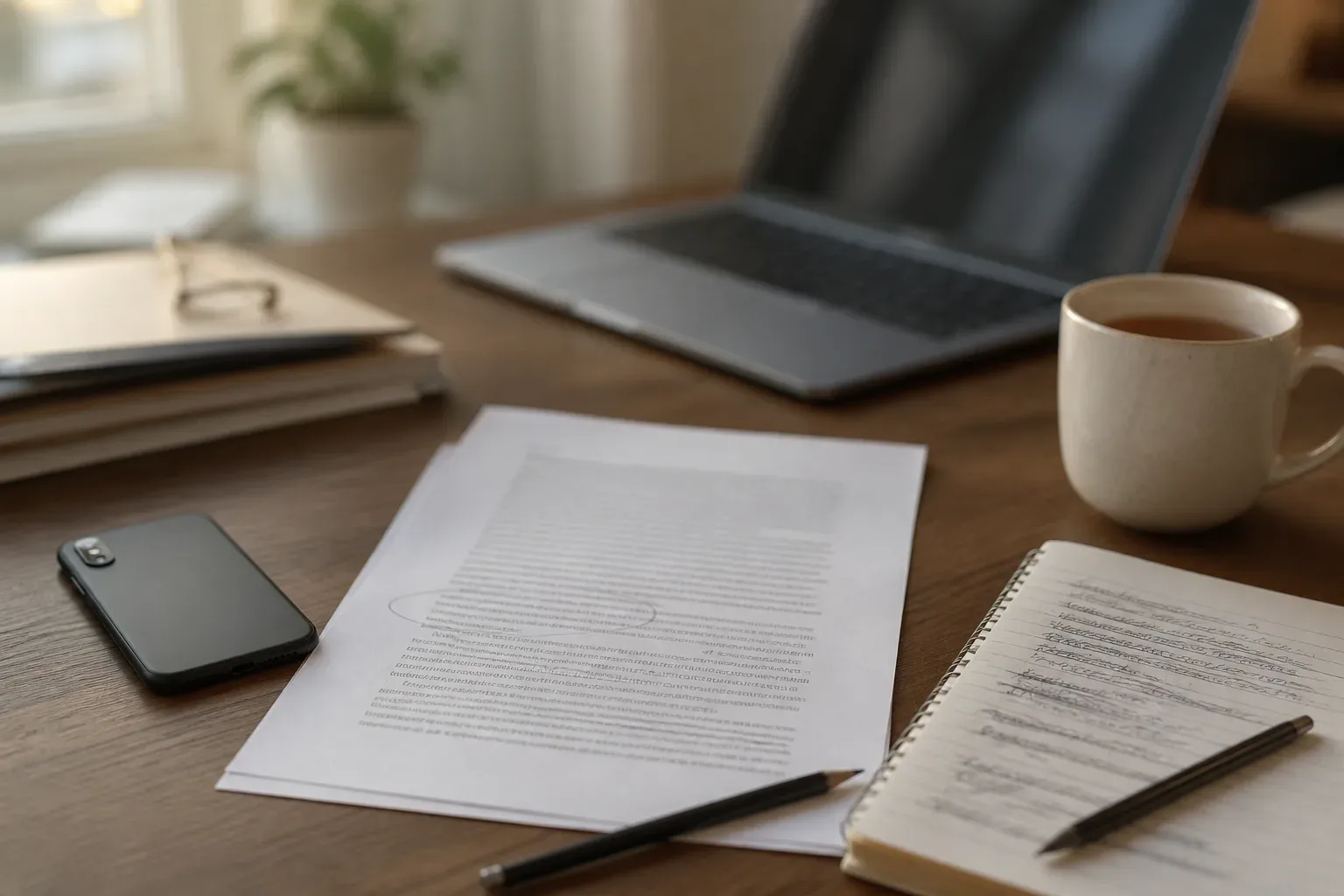 A desk with a phone, a printed article with one line circled in pencil, a notepad of crossed-out drafts and a mug of tea