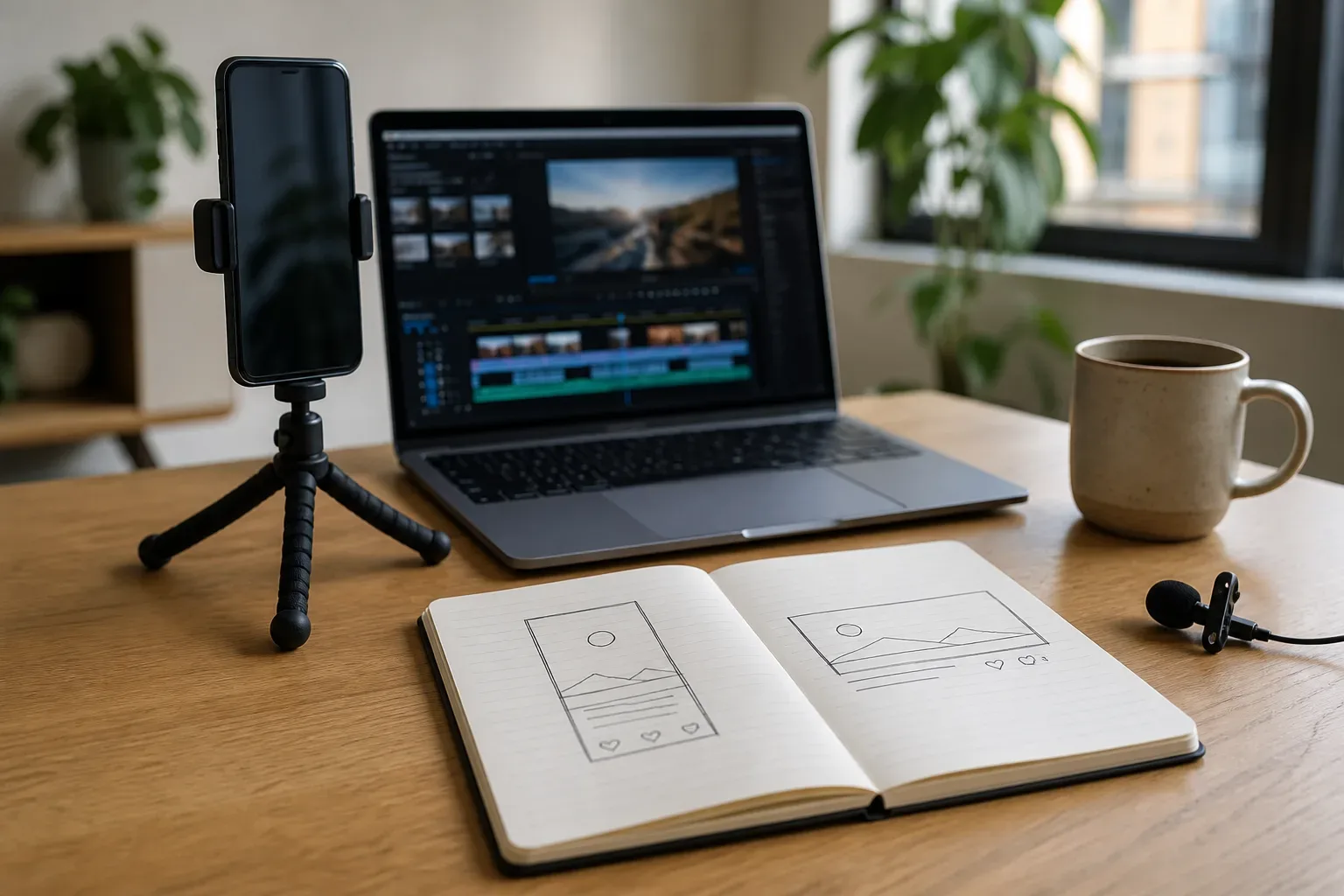 A phone on a small tripod beside a laptop with a video timeline and a notebook of frame sketches on an office desk.